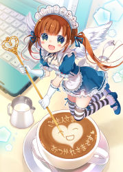 Rule 34 | 1girl, :d, apron, blush, brown hair, coffee, computer, cup, dress, feathered wings, gloves, green eyes, hair ribbon, heart, highres, laptop, latte art, long hair, maid, maid apron, maid headdress, milk, mini person, minigirl, moe2015, open mouth, original, ribbon, smile, solo, spoon, striped clothes, striped thighhighs, stylus, takeda mika, thighhighs, twintails, wings, zettai ryouiki