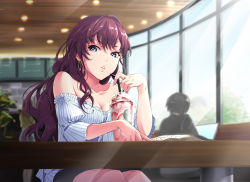 Rule 34 | 10s, 1girl, bare shoulders, black skirt, blouse, blue eyes, blurry, blurry background, book, bracelet, breasts, cafe, cleavage, collarbone, computer, drinking straw, ear piercing, earrings, eyelashes, frilled shirt, frills, from below, gem, hair between eyes, highres, ichinose shiki, idolmaster, idolmaster cinderella girls, indoors, jewelry, laptop, lights, long hair, looking at viewer, looking outside, medium breasts, menu board, miniskirt, null (chronix), parted lips, piercing, plant, purple hair, shirt, sitting, skirt, smoothie, solo focus, stone wall, striped clothes, striped shirt, table, through window, wall, wavy hair, window, wooden ceiling