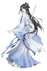Rule 34 | 1girl, black hair, blue eyes, caomei tu tou a xiaoxiao, chinese clothes, closed mouth, from behind, full body, hair bun, hair ornament, highres, long hair, long sleeves, original, sash, solo, sword, sword behind back, tassel, weapon