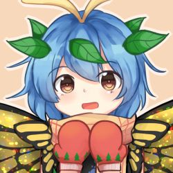 Rule 34 | 1girl, antennae, aqua hair, blush, brown eyes, butterfly wings, dress, eternity larva, fairy, hair between eyes, insect wings, leaf, leaf on head, looking at viewer, mittens, multicolored clothes, multicolored dress, open mouth, orange scarf, portrait, red mittens, scarf, short hair, short sleeves, smile, solo, touhou, wings, yu cha