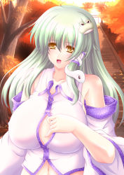 Rule 34 | 1girl, :d, autumn, autumn leaves, bare shoulders, blush, breasts, center opening, cleavage, collarbone, detached sleeves, female focus, frog hair ornament, green hair, hair ornament, huge breasts, japanese clothes, kochiya sanae, large breasts, long hair, looking at viewer, miko, navel, open mouth, smile, snake hair ornament, solo, stairs, touhou, wontam, yellow eyes