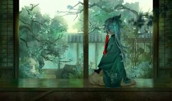 Rule 34 | 1girl, absurdres, aqua kimono, architecture, cherry blossoms, dhsauce, earrings, east asian architecture, fate/samurai remnant, fate (series), grey hair, hakama, hands on own knees, haori, highres, hoop earrings, japanese clothes, jewelry, kimono, kneeling, long hair, looking outside, ponytail, rain, seiza, sidelocks, sitting, solo, wide sleeves, wooden floor, yui shousetsu (fate)