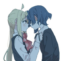 Rule 34 | 2girls, ahoge, black jacket, blonde hair, blue hair, blush, bocchi the rock!, bow, bowtie, closed mouth, collared shirt, detached ahoge, earrings, eye contact, forehead-to-forehead, heads together, ijichi nijika, jacket, jewelry, long hair, long sleeves, looking at another, multiple girls, ponytail, red eyes, ree (re-19), shirt, shirt grab, short hair, sidelocks, stud earrings, sweater vest, upper body, v-shaped eyebrows, white background, yamada ryo, yuri
