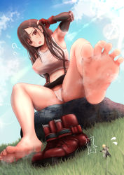 Rule 34 | 1girl, arm up, armpits, artist request, barefoot, black hair, cleft of venus, cloud, cloud strife, feet, final fantasy, final fantasy vii, foot focus, from below, giant, giantess, highres, long hair, looking at viewer, open mouth, panties, pussy, see-through, sitting, skirt, sky, smell, soles, solo, steaming body, tifa lockhart, toes, underwear, white panties