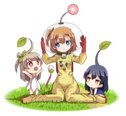 Rule 34 | 10s, 3girls, :&lt;, antennae, arms up, blue dress, blue eyes, blue hair, blue pikmin, blue pikmin (cosplay), blush, captain olimar, captain olimar (cosplay), chibi, cosplay, dress, female focus, gloves, grass, grey hair, kosaka honoka, leaf, long hair, looking at another, looking to the side, love live!, love live! school idol project, minami kotori, multiple girls, nintendo, olimar, olimar (cosplay), open mouth, orange hair, pikmin (creature), pikmin (creature) (cosplay), pikmin (series), red eyes, red gloves, shipii (jigglypuff), short hair, side ponytail, sitting, sleeveless, sleeveless dress, smile, sonoda umi, spacesuit, standing, wariza, white dress, white pikmin, white pikmin (cosplay), yellow eyes