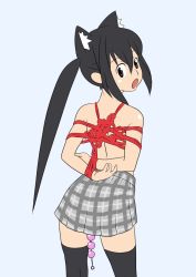 Rule 34 | 1girl, anal, anal beads, arms behind back, bdsm, black hair, black thighhighs, bondage, bound, box tie, brown eyes, k-on!, long hair, nakano azusa, omeyokan, plaid, plaid skirt, rope, school uniform, sex toy, skirt, solo, thighhighs, topless, twintails