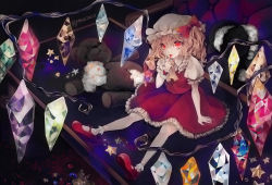 Rule 34 | 1girl, arm support, ascot, blonde hair, bow, collared shirt, commentary, couch, crystal, finger to mouth, fingernails, flandre scarlet, frilled shirt collar, frilled skirt, frilled sleeves, frills, full body, hair between eyes, hair bow, hat, highres, looking at viewer, mary janes, medium hair, mob cap, nail polish, on couch, puffy short sleeves, puffy sleeves, red bow, red eyes, red footwear, red nails, red skirt, red vest, shirt, shoes, short sleeves, sitting, skirt, skirt set, slit pupils, socks, solo, stuffed animal, stuffed toy, stuffing, teddy bear, touhou, vest, white hat, white shirt, white socks, wings, yellow ascot, yonago