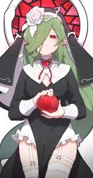 Rule 34 | 1girl, absurdres, apple, closed mouth, expressionless, food, fruit, garter straps, green hair, habit, hair over one eye, highres, holding, holding food, holding fruit, long hair, long sleeves, looking at viewer, original, ouroboros-chan (zizi niisan), pointy ears, red eyes, solo, thighhighs, white thighhighs, zizi niisan