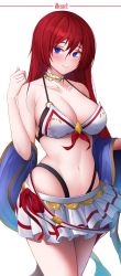 Rule 34 | 1girl, absurdres, alexiel (summer) (granblue fantasy), bad id, bad twitter id, bare shoulders, bikini, blue eyes, blush, breasts, character name, cleavage, collarbone, colored eyelashes, commentary request, cowboy shot, feather hair ornament, feathers, godsworn alexiel, granblue fantasy, groin, hair between eyes, hair ornament, highres, large breasts, layered bikini, light smile, long hair, midriff, miniskirt, navel, pleated skirt, red hair, skirt, solo, standing, starblue, swimsuit, thighs, very long hair, white background, white bikini, white skirt