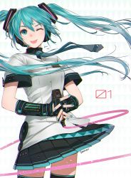 Rule 34 | 1girl, ;p, aqua nails, artist name, bad id, bad twitter id, black gloves, black thighhighs, blue eyes, blue hair, blue necktie, blush, buttons, cable, collar, cowboy shot, elbow gloves, fingerless gloves, floating hair, gloves, hatsune miku, headgear, headphones, headset, holding, holding microphone, interlocked fingers, jacket, long hair, looking at viewer, matching hair/eyes, microphone, nail polish, necktie, one eye closed, own hands clasped, own hands together, pleated skirt, short sleeves, simple background, skirt, solo, standing, suzume yuu, thighhighs, tongue, tongue out, twintails, vocaloid, white background, white jacket, wind, zettai ryouiki