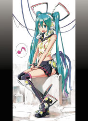 Rule 34 | 1girl, :d, aqua eyes, aqua hair, bad id, bad pixiv id, boots, hands on lap, hatsune miku, highres, karube ponzu, long hair, midriff, musical note, open mouth, sitting, skirt, smile, solo, thigh boots, thighhighs, twintails, very long hair, vocaloid