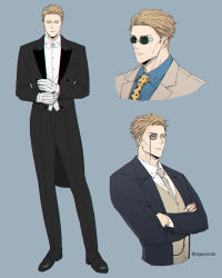 Rule 34 | 1boy, absurdres, black suit, blonde hair, blue background, blue shirt, brown vest, collared shirt, commentary, crossed arms, ega (egavinote), expressionless, formal, full body, gloves, goggles, grey suit, highres, jujutsu kaisen, korean commentary, long sleeves, looking at viewer, male focus, monocle, nanami kento, portrait, shirt, short hair, solo, suit, tailcoat, upper body, vest, white gloves, white shirt