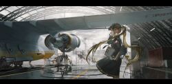 1girl absurdres aircraft airplane airport black_dress black_skirt brown_hair building commentary_request container control_tower dress feet_out_of_frame fire_extinguisher from_side hairband hangar headphones highres holding holding_phone indoors long_hair microphone motor_vehicle original people phone ponytail recon_(54995499) scenery skirt yellow_eyes