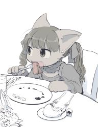 Rule 34 | 1girl, 3yo4yo5yo, animal ears, cat ears, chair, fangs, female focus, food, food on face, fork, furry, furry female, grey eyes, grey hair, highres, holding, holding fork, meat, open mouth, original, partially colored, plate, sitting, solo, table, twintails