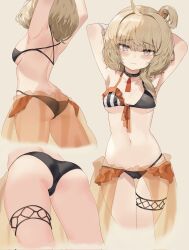 Rule 34 | 1girl, ahoge, armpits, arms behind head, ass, bikini, black bikini, blonde hair, blush, breasts, choker, commentary, corrupted twitter file, cowboy shot, frilled bikini, frills, girls&#039; frontline, heart, heart-shaped pupils, highres, lemures, looking at viewer, medium breasts, medium hair, multiple views, navel, official alternate costume, one side up, purple eyes, sterling (girls&#039; frontline), sterling (melting in the summer heat) (girls&#039; frontline), stomach, sweatdrop, swimsuit, symbol-shaped pupils, underboob