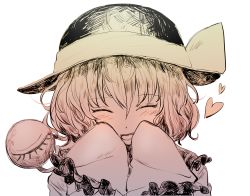 Rule 34 | 1girl, black hat, blouse, blush, closed eyes, collared shirt, eyeball, frilled shirt collar, frilled sleeves, frills, hands on own cheeks, hands on own face, hat, hat ribbon, heart, highres, komeiji koishi, long sleeves, medium hair, open mouth, portrait, ribbon, rin (rin7kan7), shirt, simple background, sleeves past fingers, sleeves past wrists, smile, solo, third eye, touhou, wavy hair, white background, wide sleeves, yellow ribbon, yellow shirt
