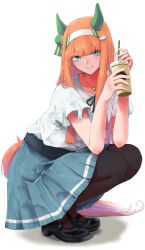 Rule 34 | 1girl, animal ears, blue eyes, blunt bangs, casual, commentary request, cup, dededeteiu, disposable cup, full body, headband, highres, hime cut, horse ears, horse girl, horse tail, long hair, looking at viewer, orange hair, pantyhose, shoes, silence suzuka (umamusume), sitting, smile, solo, tail, umamusume, white background