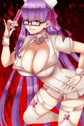 Rule 34 | 1girl, absurdres, bb (bb shot!) (fate), bb (fate), blush, breasts, choker, cleavage, dress, fate/grand order, fate (series), grin, hair ribbon, hat, highres, large breasts, long hair, looking at viewer, nurse cap, pink ribbon, purple hair, red eyes, ribbon, shaded face, short dress, short sleeves, smile, solo, syringe, thighhighs, thighs, utani (punishment), very long hair, white choker, white dress, white hat, white thighhighs, wrist cuffs