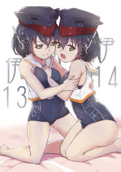 Rule 34 | 10s, 2girls, asymmetrical hair, bare shoulders, barefoot, between breasts, black hair, breasts, brown eyes, character name, hair between eyes, hat, headphones, highres, hug, i-13 (kancolle), i-14 (kancolle), kantai collection, kneeling, multiple girls, no gloves, open mouth, sailor collar, school swimsuit, short hair, siblings, sisters, small breasts, swimsuit, thighs, wo jianqiang fu guo