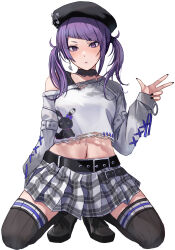 Rule 34 | 1girl, animal print, belt buckle, beret, black collar, black footwear, black hat, black nails, black thighhighs, blush, buckle, closed mouth, collar, commentary request, cropped shirt, cross-laced clothes, cross-laced sleeves, diagonal bangs, earrings, fingernails, hand up, hat, highres, idolmaster, idolmaster shiny colors, jewelry, long sleeves, looking at viewer, midriff, miniskirt, nail polish, navel, plaid, plaid skirt, pleated skirt, print shirt, purple eyes, purple hair, rabbit print, sharp fingernails, shirt, simple background, single bare shoulder, single earring, single off shoulder, skirt, solo, tanaka mamimi, thighhighs, w, white background, white shirt, white skirt, zundakun0123