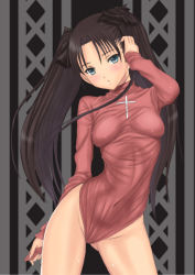Rule 34 | 1girl, abs, between legs, black hair, blue eyes, blush, bottomless, censored, clothes pull, clothes tug, convenient censoring, cowboy shot, cross, fate/stay night, fate (series), groin, hair ribbon, hand in own hair, leotard, long hair, looking at viewer, muffin (sirumeria), naked sweater, ribbon, shirt pull, skinny, slender, solo, standing, sweater, sweater tug, tohsaka rin, twintails, two side up