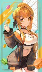 Rule 34 | 1girl, black collar, black jacket, black skirt, blonde hair, blush, braid, cleavage cutout, closed mouth, clothing cutout, collar, commentary, crop top, food, hair ornament, hairclip, heart cutout, highres, holding, holding food, hololive, jacket, looking at viewer, macaron, midriff, miniskirt, navel, official alternate costume, official alternate hair length, official alternate hairstyle, open clothes, open jacket, pleated skirt, side braid, side ponytail, skirt, smile, solo, star (symbol), star hair ornament, tank top, virtual youtuber, white tank top, xyunx, yozora mel, yozora mel (streetwear)