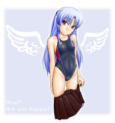 Rule 34 | 10s, 1girl, angel beats!, blue hair, competition swimsuit, english text, engrish text, covered erect nipples, female focus, flat chest, long hair, one-piece swimsuit, ranguage, school uniform, solo, swimsuit, tenshi (angel beats!), tk4, translation request, undressing, wings, yellow eyes