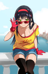 Rule 34 | 1girl, black hair, black thighhighs, breasts, cleavage, closed mouth, collarbone, day, denim, denim shorts, gloves, green eyes, hairband, knees together feet apart, large breasts, long hair, looking at viewer, ocean, off-shoulder shirt, off shoulder, original, outdoors, railing, red-framed eyewear, red gloves, shirt, short shorts, shorts, sitting, smile, solo, sunglasses, thighhighs, thighs, yellow shirt, zaxwu