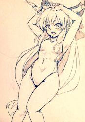 Rule 34 | 1girl, :o, alternate costume, armpits, arms up, bare legs, bow, breasts, collarbone, commentary request, competition swimsuit, covered navel, cowboy shot, d-m (dii emu), eyelashes, greyscale, hair bow, horns, ibuki suika, long hair, looking at viewer, monochrome, one-piece swimsuit, oni horns, open mouth, sketch, swimsuit, touhou, traditional media, very long hair