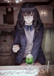 Rule 34 | 1girl, backpack, bag, black hair, blue bow, bow, bowtie, cafe, cherry, closed mouth, commentary request, food, fruit, glasses, highres, holding, holding spoon, indoors, jacket, kaoming, kurokawa tamaki, long hair, looking at viewer, original, plaid, plaid skirt, pleated skirt, school uniform, shirt, sitting, skirt, solo, spoon