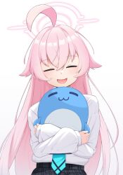 Rule 34 | 1girl, absurdres, ahoge, black skirt, blue archive, blue necktie, closed eyes, hair between eyes, hair flaps, halo, highres, hoshino (blue archive), huge ahoge, hugging doll, hugging object, long hair, long sleeves, necktie, open mouth, pink hair, pink halo, plaid, plaid skirt, puffy long sleeves, puffy sleeves, shirt, simple background, skirt, smile, stuffed animal, stuffed toy, stuffed whale, sugarplus, upper body, white background, white shirt