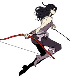 Rule 34 | 1980s (style), 1girl, arrow (projectile), bare shoulders, black hair, boots, bow (weapon), female focus, final fantasy, final fantasy ii, full body, high heels, long hair, lowres, maria (ff2), oldschool, retro artstyle, rika (artist), shoes, simple background, solo, weapon, white background