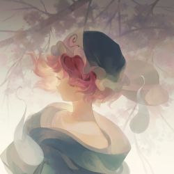Rule 34 | 1girl, absurdres, bare shoulders, blue hat, blue kimono, branch, breedo, closed mouth, dutch angle, floating hair, frills, from above, from side, half-closed eyes, hat, highres, hitodama, japanese clothes, kimono, looking afar, looking away, mob cap, pink eyes, pink hair, saigyouji yuyuko, short hair, solo, touhou, triangular headpiece, upper body, wavy hair