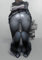 Rule 34 | 10s, 1girl, @ @, absurdres, all fours, ass, bad id, bad twitter id, black gloves, black pantyhose, black skirt, brown hair, chou-10cm-hou-chan (hatsuzuki&#039;s), elbow gloves, feet, foot focus, from behind, full body, gloves, grey background, gusset, hand on own ass, hatsuzuki (kancolle), head out of frame, highres, kantai collection, long hair, panties, panties under pantyhose, pantyhose, peeking out, perspective, pleated skirt, ponytail, robot, sailor collar, shiny clothes, shirt, short hair, simple background, skirt, soles, solo, thighband pantyhose, toes, turret, underwear, upskirt, white panties, white shirt, yomu (sgt epper)