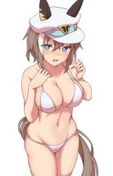 Rule 34 | 1girl, absurdres, animal ears, bikini, blue eyes, blush, brown hair, cheval grand (umamusume), clothes lift, commentary request, ear covers, hair between eyes, hakutaqanta, hat, highres, horse ears, horse girl, horse tail, looking at viewer, medium hair, multicolored hair, open mouth, peaked cap, simple background, solo, streaked hair, swimsuit, tail, umamusume, white background, white bikini, white hair, white hat