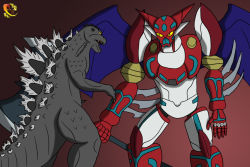Rule 34 | arm blade, artist logo, artist name, artist request, axe, battle, claws, creature, crossover, daizua123, dinosaur, dinosaur tail, dragon, fangs, fighting, getter rays, getter robo, giant, giant monster, godzilla, godzilla (series), holding, holding weapon, horns, jaw, kaijuu, mecha, monster, no humans, open mouth, robot, scales, science fiction, sharp teeth, shin getter-1, shin getter robo, spikes, spines, super robot, tail, teeth, weapon, wings, yellow eyes