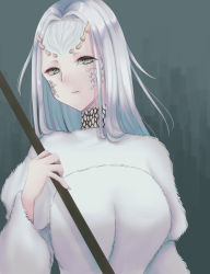 Rule 34 | 1girl, dark souls (series), dragon girl, green eyes, highres, long hair, looking at viewer, monster girl, portrait, priscilla the crossbreed, scales, solo focus, white fur, white hair