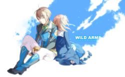 Rule 34 | 1boy, 1girl, ahoge, bow, brother and sister, brown hair, coat, commentary request, copyright name, dress, frills, hair ribbon, kresnik ahtreide, long hair, nyoroge, ribbon, short hair, siblings, sitting, wild arms, wild arms 4, yulie ahtreide