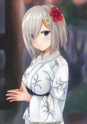Rule 34 | 10s, 1girl, blue eyes, blurry, blush, depth of field, eyes visible through hair, fingers together, flower, hair flower, hair ornament, hair over one eye, hairclip, hamakaze (kancolle), highres, japanese clothes, kantai collection, kimono, light smile, looking at viewer, obi, own hands together, sash, shokora momiji, silver hair, smile, solo