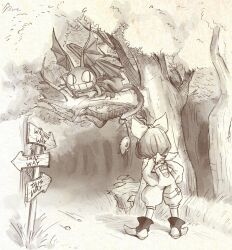 Rule 34 | 1girl, alice in wonderland, backless outfit, bandkanon, bat wings, bodysuit, bow, branch, cat, commentary, commentary request, dangling, eiko carol, english commentary, english text, final fantasy, final fantasy ix, forest, from behind, hair bow, hand on own hip, highres, looking at another, looking down, lying, medium hair, mixed-language commentary, monochrome, monster, mouse (animal), mushroom, nature, on stomach, parody, road sign, sepia, sign, sitting, slit pupils, smile, solo, teeth, thigh strap, tree, tree stump, whiskers, wing decorations, wings