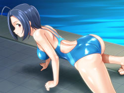 Rule 34 | 1girl, all fours, ass, blue hair, breasts, competition swimsuit, idolmaster, idolmaster (classic), miura azusa, muhi11234, one-piece swimsuit, pool, poolside, red eyes, short hair, solo, swimsuit