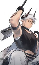 Rule 34 | 1boy, arknights, armpits, bara, black gloves, black tank top, demon horns, earrings, expressionless, facial hair, facial mark, feet out of frame, genderswap, genderswap (ftm), gloves, goatee stubble, hammer, highres, holding, holding hammer, horns, jewelry, large pectorals, laserbiubiu, long sideburns, looking at viewer, male focus, midriff peek, midriff sarashi, mudrock (arknights), muscular, muscular male, pectoral cleavage, pectorals, pointy ears, red eyes, red horns, sarashi, shirt, short hair, sideburns, sidepec, solo, stubble, tank top, torn clothes, torn shirt, undercut, white hair