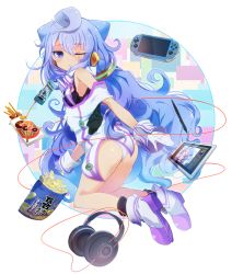 Rule 34 | 10s, 1boy, akg, ass, bare shoulders, blue eyes, blue hair, blush, boots, drawing tablet, flat ass, food, from behind, gloves, hacka doll, hacka doll 3, handheld game console, headphones, akg k-series headphones, long hair, looking at viewer, looking back, male focus, matching hair/eyes, one eye closed, playstation vita, solo, trap, white gloves, yudough