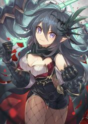 Rule 34 | 1girl, absurdres, black hair, breasts, cleavage, clenched hands, clothing cutout, fishnet pantyhose, fishnets, gauntlets, hair ornament, highres, long hair, long sleeves, medium breasts, pantyhose, pointy ears, purple eyes, puzzle &amp; dragons, rakulog, short shorts, shorts, shoulder cutout, solo, waist cape, zela (p&amp;d)