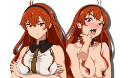 1girl 1other ahoge black_hairband blush breasts collar cropped_torso crossed_arms daytianbai disembodied_hand eris_greyrat finger_in_another&#039;s_mouth frown hair_between_eyes hairband highres large_breasts long_hair multiple_views mushoku_tensei nipples red_eyes red_hair shirt sleeveless sleeveless_shirt spiked_collar spikes teeth tongue upper_body white_shirt