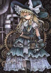 Rule 34 | 1girl, artist name, belt, blonde hair, blue eyes, bow, braid, dated, gears, gloves, hair bow, hat, industrial pipe, kirisame marisa, long hair, mosho, painting (medium), smile, solo, star (symbol), steampunk, touhou, traditional media, watercolor (medium), witch hat, wrench