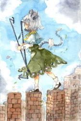Rule 34 | 1girl, animal ears, brick wall, dowsing rod, female focus, gogo/tad, grey hair, jewelry, mouse (animal), mouse ears, mouse tail, nazrin, painting (medium), pendant, short hair, solo, tail, touhou, traditional media, walking, watercolor (medium)