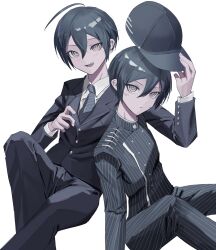 Rule 34 | 2boys, ahoge, artist request, bishounen, black hair, black jacket, black necktie, blush, buttons, collared shirt, commentary request, danganronpa (series), danganronpa v3: killing harmony, double-breasted, eyelashes, hair between eyes, hat, highres, jacket, knee up, looking at viewer, male focus, multiple boys, necktie, open mouth, pants, ringed eyes, saihara shuichi, school uniform, shirt, short hair, sitting, striped clothes, striped jacket, striped pants, sweatdrop, white background, yellow eyes