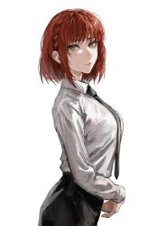 Rule 34 | 1girl, alternate hair length, alternate hairstyle, black necktie, black pants, braid, breasts, brown eyes, chainsaw man, closed mouth, collared shirt, highres, lips, long sleeves, looking at viewer, makima (chainsaw man), medium breasts, necktie, pants, raberu ruru, red hair, ringed eyes, shirt, short hair, simple background, solo, standing, white background, white shirt