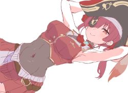 Rule 34 | 1girl, armpits, arms up, arrow through heart, ascot, bare arms, bare shoulders, belt, belt buckle, bicorne, black belt, black hat, blouse, blush, breasts, brooch, brown eyes, brown hair, buckle, closed mouth, covered navel, eyepatch, hair between eyes, hat, hololive, houshou marine, jewelry, leotard, leotard under clothes, long hair, lying, medium breasts, on back, pleated skirt, red ascot, red shirt, red skirt, see-through, see-through leotard, shirt, simple background, skirt, sleeveless, sleeveless shirt, smile, solo, tadanoshi kabane, twintails, virtual youtuber, white background